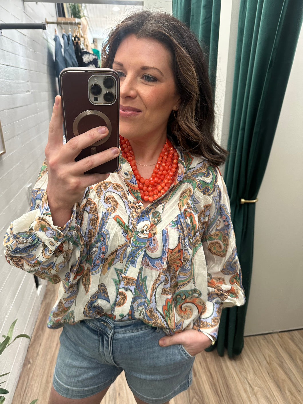 Paisley Bubble Sleeve Blouse