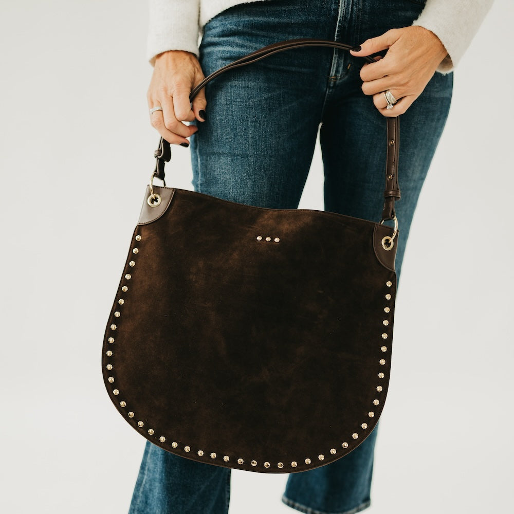 Rosalie Rivet Suede Hobo Bag in Brown